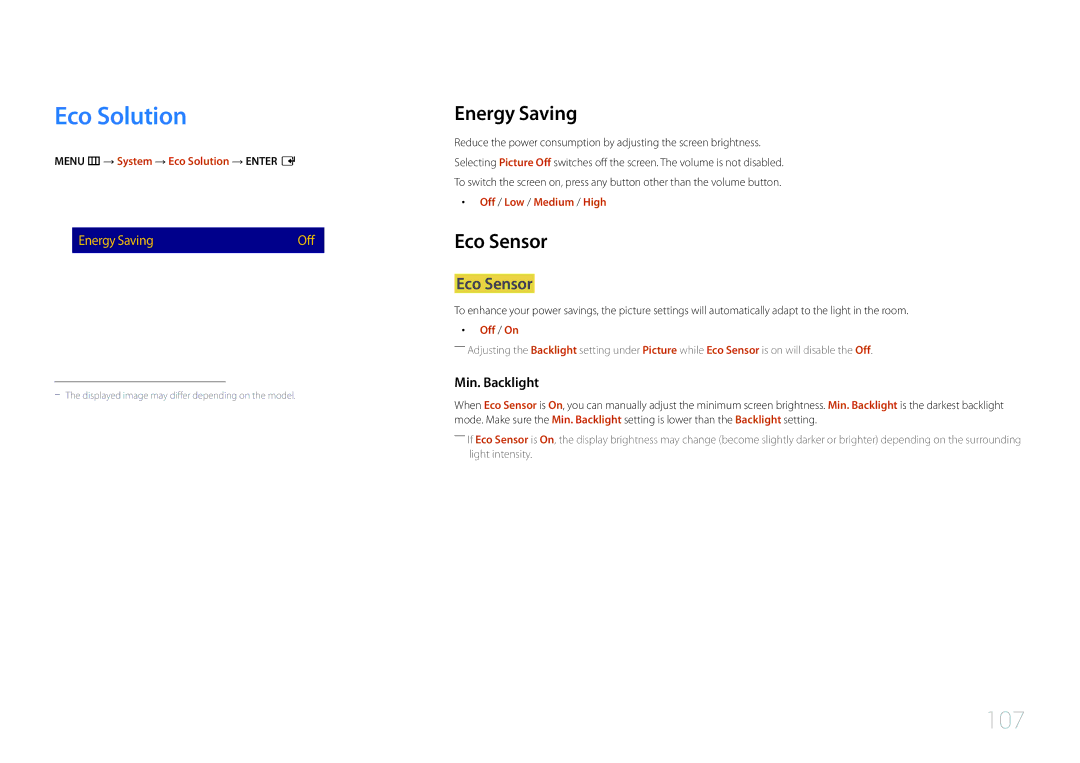 Samsung LH40RMDELGW/EN, LH40RMDPLGU/EN, LH48RMDPLGU/EN, LH48RMDELGW/EN manual Eco Solution, Energy Saving, Eco Sensor 