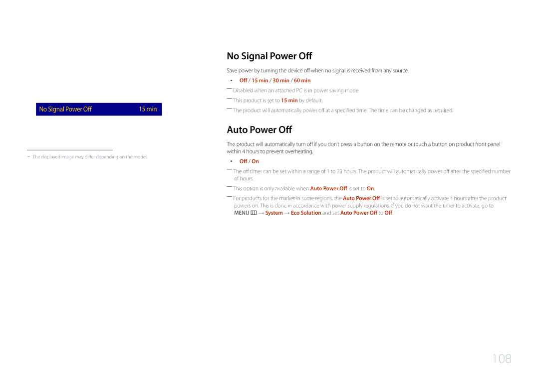 Samsung LH40RMDPLGU/EN, LH48RMDPLGU/EN, LH48RMDELGW/EN No Signal Power Off, Auto Power Off, Off / 15 min / 30 min / 60 min 