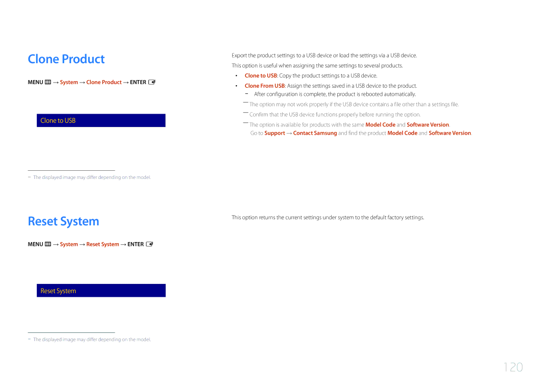 Samsung LH40RMDPLGU/EN, LH48RMDPLGU/EN, LH48RMDELGW/EN manual Reset System, Menu m → System → Clone Product → Enter E 