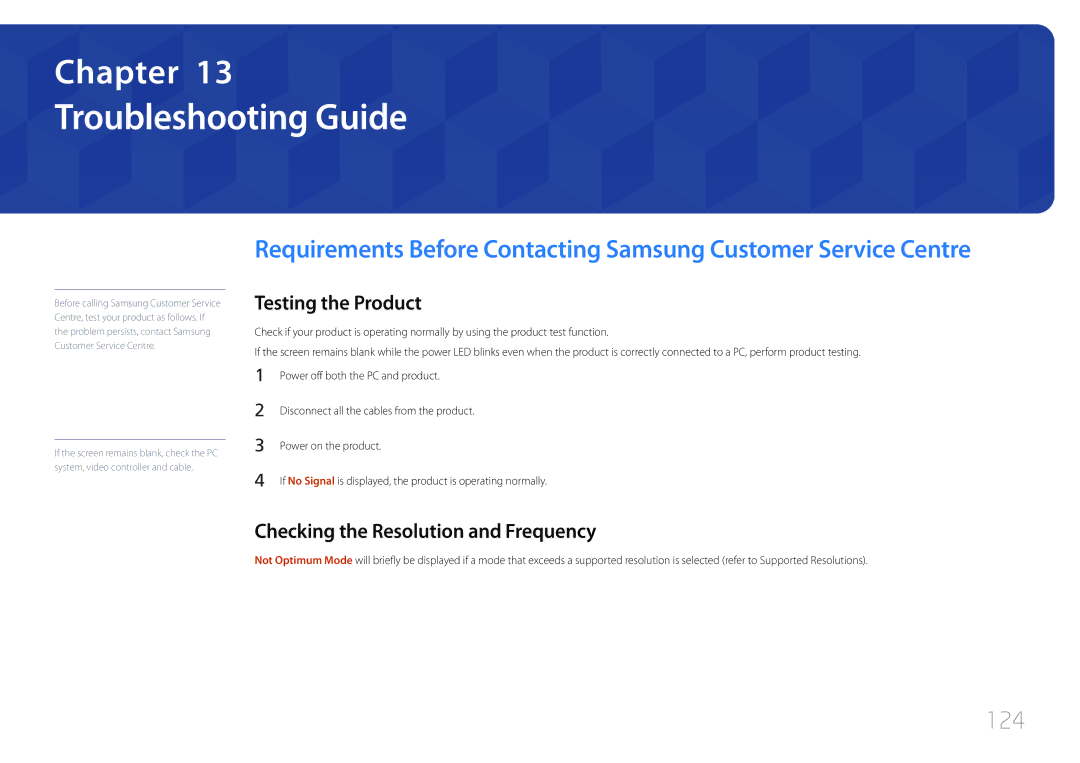 Samsung LH40RMDPLGU/EN manual Troubleshooting Guide, 124, Testing the Product, Checking the Resolution and Frequency 