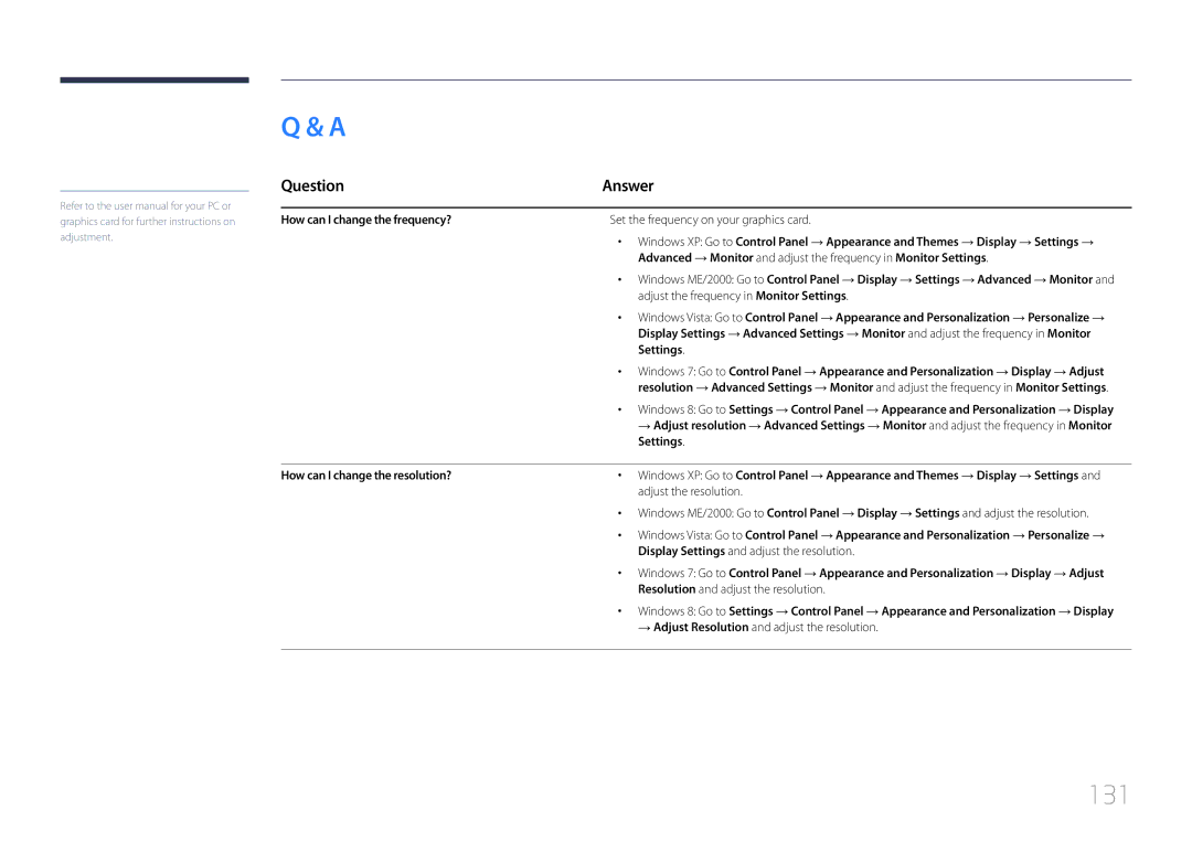 Samsung LH40RMDELGW/EN 131, Question Answer, How can I change the frequency?, Settings, How can I change the resolution? 