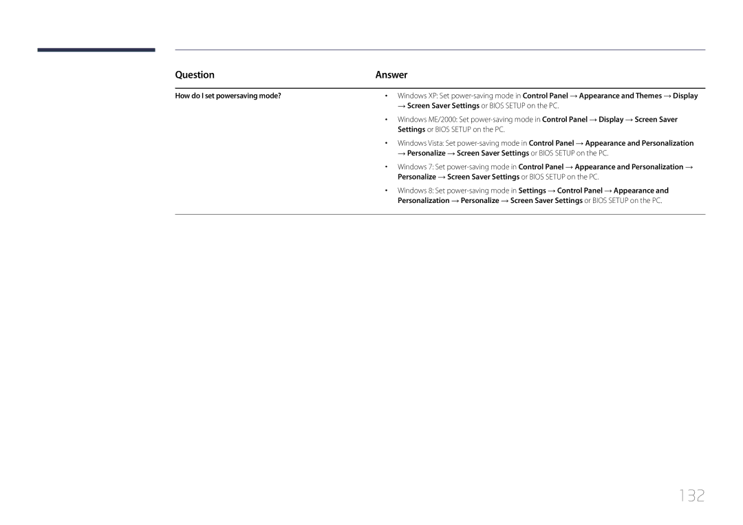 Samsung LH40RMDPLGU/EN, LH48RMDPLGU/EN, LH48RMDELGW/EN, LH40RMDELGW/EN manual 132, Question, How do I set powersaving mode? 