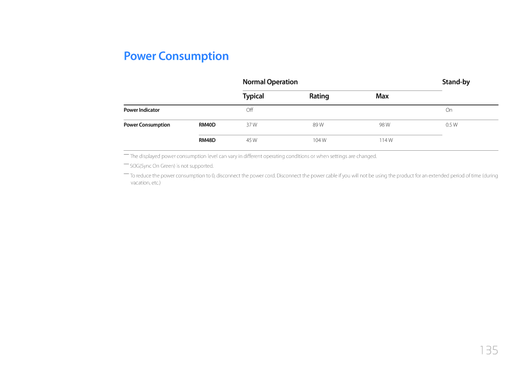 Samsung LH40RMDELGW/EN manual Power Consumption, 135, Normal Operation Stand-by Typical Rating Max, Power Indicator 