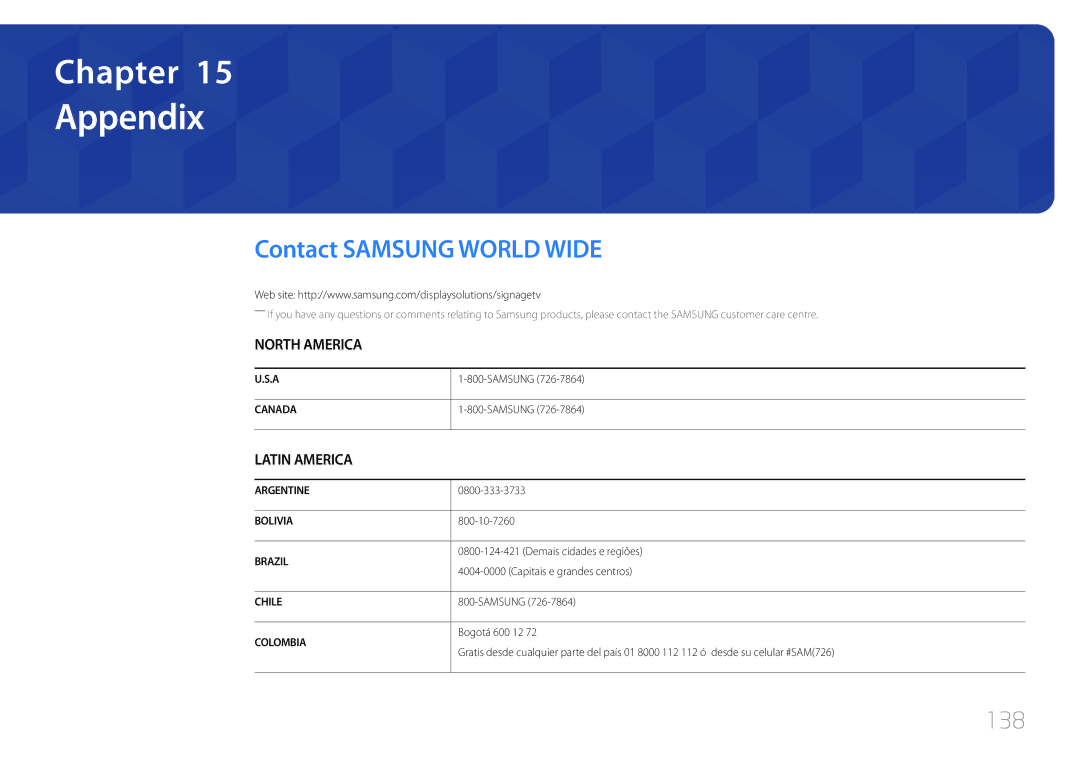 Samsung LH48RMDELGW/EN, LH40RMDPLGU/EN, LH48RMDPLGU/EN, LH40RMDELGW/EN manual Appendix, Contact Samsung World Wide, 138 