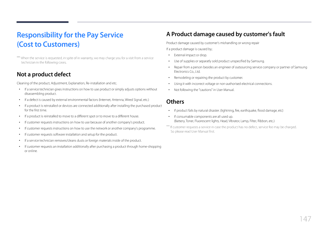 Samsung LH40RMDELGW/EN, LH40RMDPLGU/EN manual 147, Not a product defect, Product damage caused by customers fault, Others 