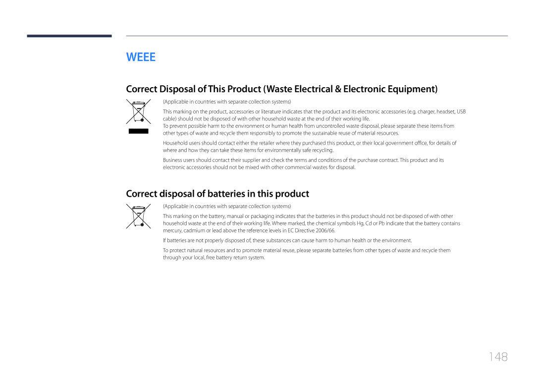 Samsung LH40RMDPLGU/EN, LH48RMDPLGU/EN, LH48RMDELGW/EN, LH40RMDELGW/EN 148, Correct disposal of batteries in this product 