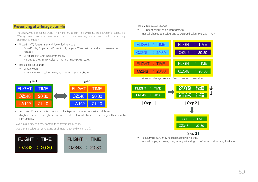 Samsung LH48RMDELGW/EN manual 150, Preventing afterimage burn-in, Switch between 2 colours every 30 minutes as shown above 