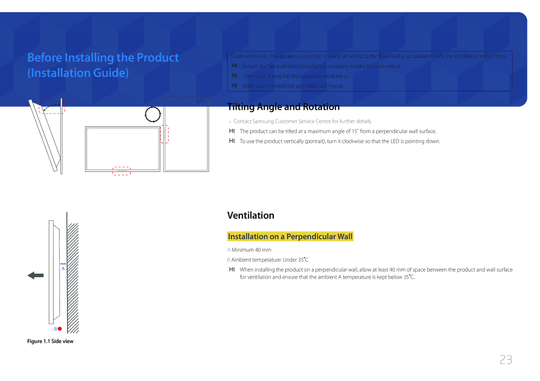 Samsung LH40RMDELGW/EN, LH40RMDPLGU/EN manual Tilting Angle and Rotation, Ventilation, Installation on a Perpendicular Wall 