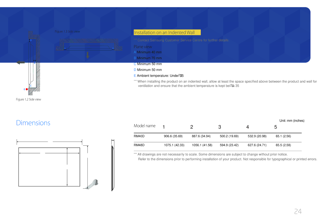 Samsung LH40RMDPLGU/EN manual Dimensions, Installation on an Indented Wall, Plane view, Model name, Unit mm inches 