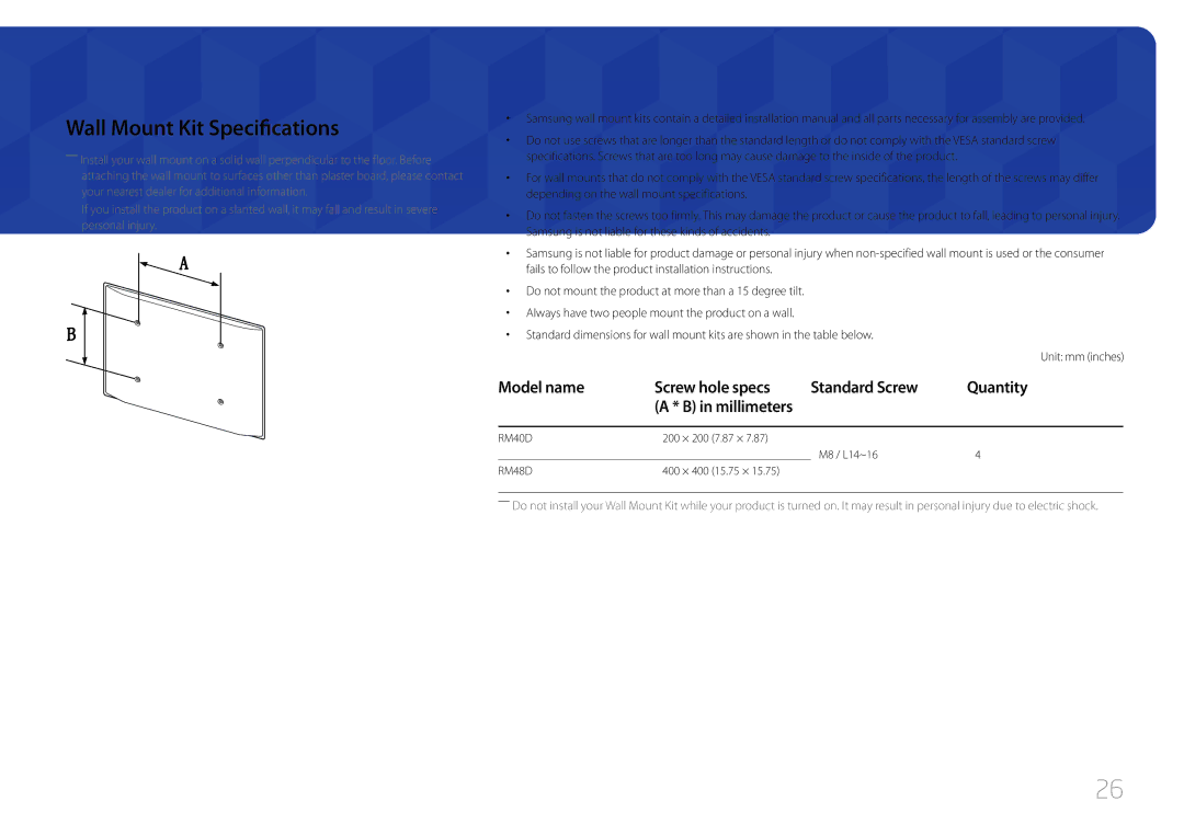 Samsung LH48RMDELGW/EN Wall Mount Kit Specifications, Model name Screw hole specs Standard Screw Quantity, Millimeters 