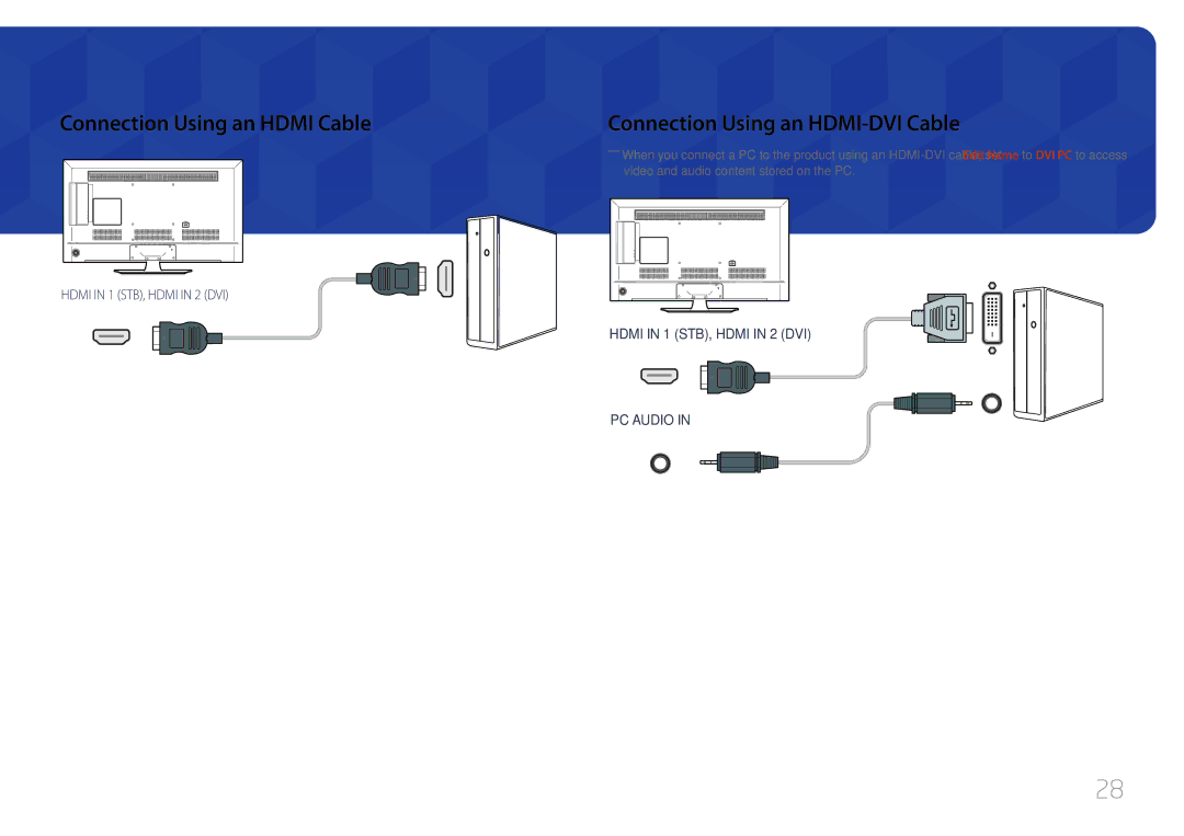 Samsung LH40RMDPLGU/EN, LH48RMDPLGU/EN, LH48RMDELGW/EN Connection Using an Hdmi Cable, Connection Using an HDMI-DVI Cable 