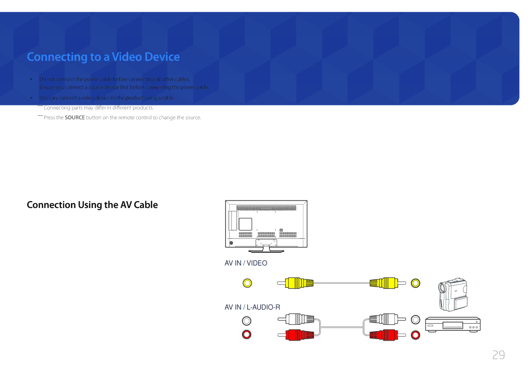 Samsung LH48RMDPLGU/EN, LH40RMDPLGU/EN, LH48RMDELGW/EN manual Connecting to a Video Device, Connection Using the AV Cable 