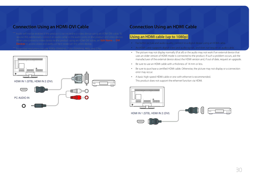 Samsung LH48RMDELGW/EN, LH40RMDPLGU/EN, LH48RMDPLGU/EN, LH40RMDELGW/EN manual Using an Hdmi cable up to 1080p 