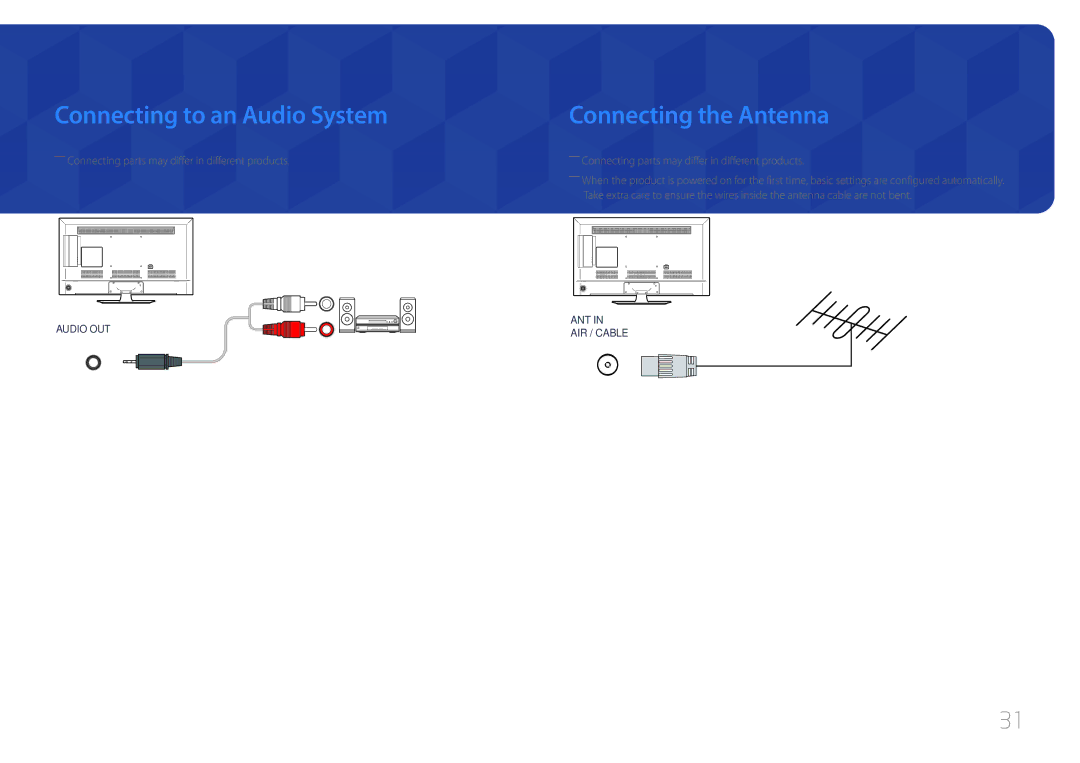 Samsung LH40RMDELGW/EN, LH40RMDPLGU/EN, LH48RMDPLGU/EN, LH48RMDELGW/EN Connecting to an Audio System, Connecting the Antenna 