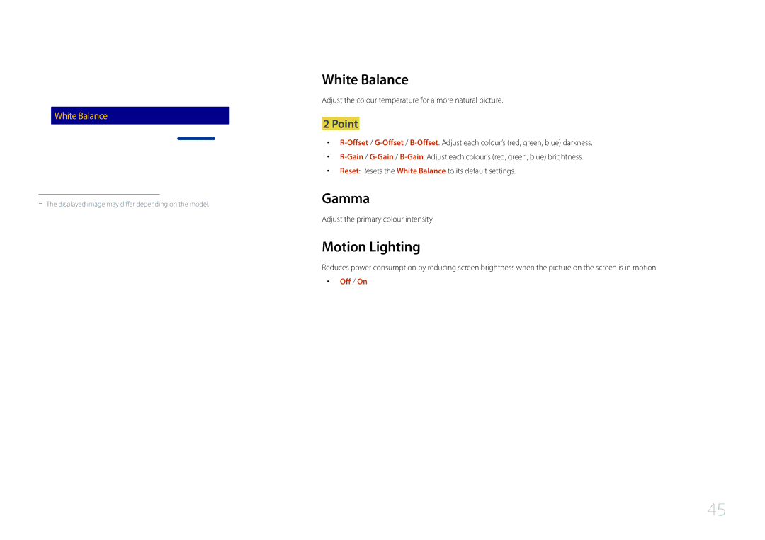 Samsung LH48RMDPLGU/EN, LH40RMDPLGU/EN, LH48RMDELGW/EN manual White Balance, Gamma, Motion Lighting, Point, Off / On 