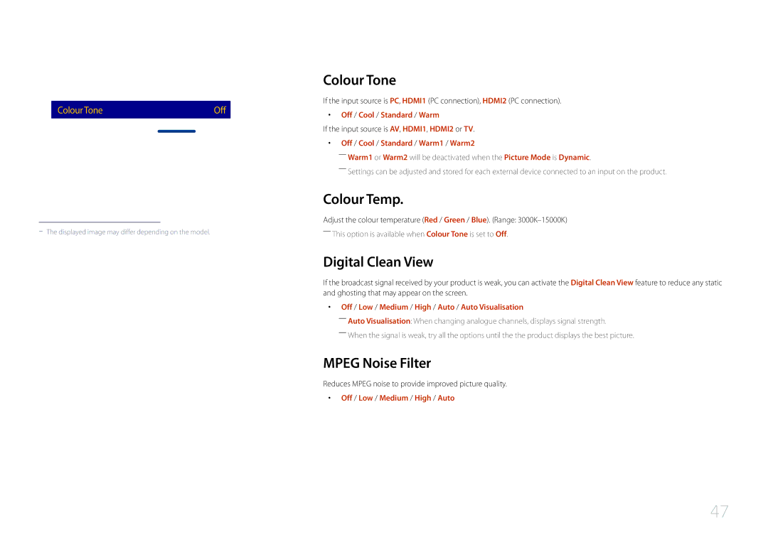 Samsung LH40RMDELGW/EN, LH40RMDPLGU/EN, LH48RMDPLGU/EN manual Colour Tone, Colour Temp, Digital Clean View, Mpeg Noise Filter 