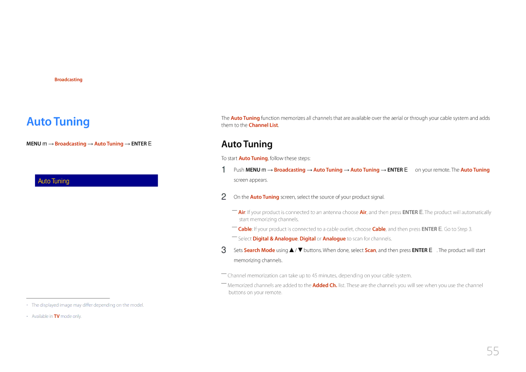 Samsung LH40RMDELGW/EN, LH40RMDPLGU/EN, LH48RMDPLGU/EN, LH48RMDELGW/EN Menu m → Broadcasting → Auto Tuning → Enter E 