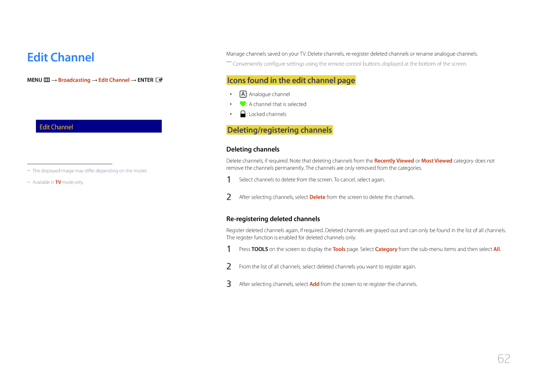 Samsung LH48RMDELGW/EN Edit Channel, Icons found in the edit channel, Deleting/registering channels, Deleting channels 