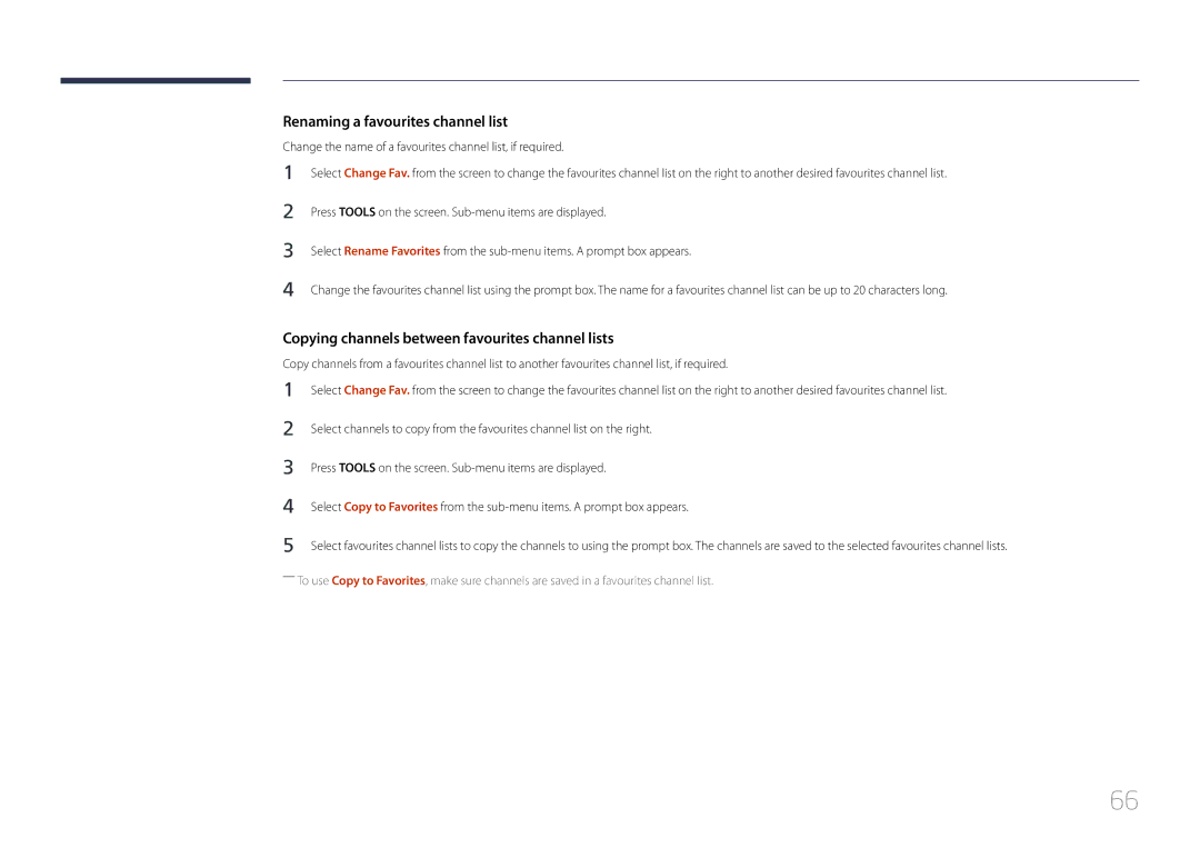 Samsung LH48RMDELGW/EN manual Renaming a favourites channel list, Copying channels between favourites channel lists 