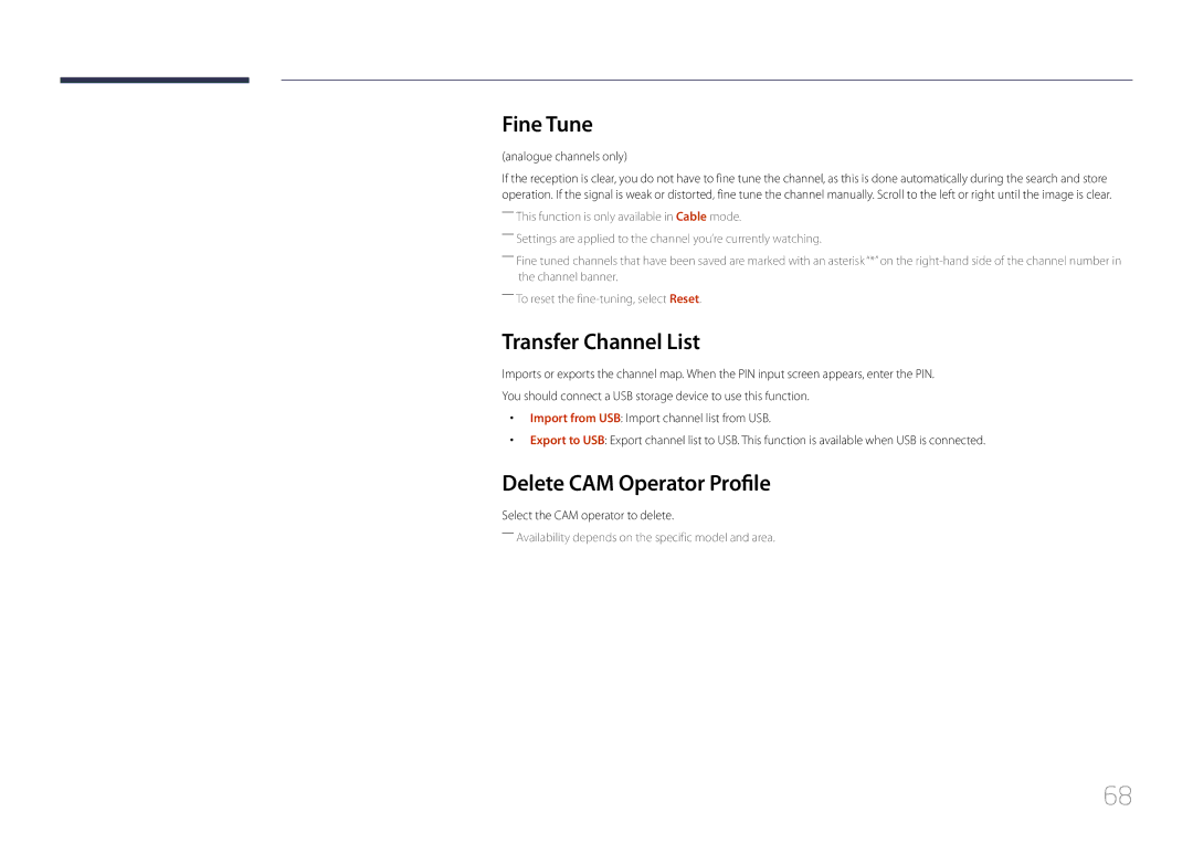 Samsung LH40RMDPLGU/EN manual Fine Tune, Transfer Channel List, Delete CAM Operator Profile, Analogue channels only 