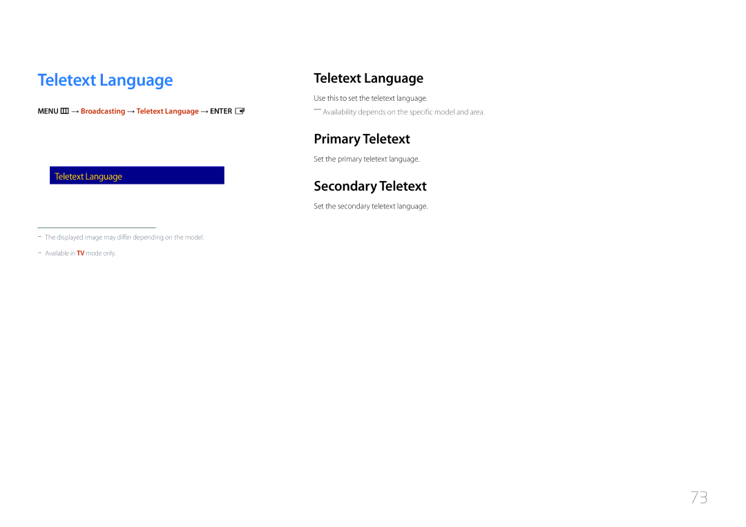 Samsung LH48RMDPLGU/EN, LH40RMDPLGU/EN, LH48RMDELGW/EN manual Teletext Language, Primary Teletext, Secondary Teletext 