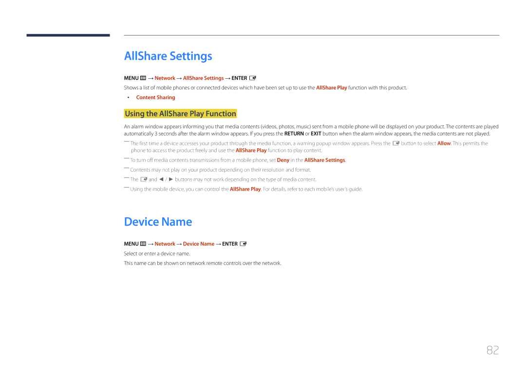 Samsung LH48RMDELGW/EN, LH40RMDPLGU/EN, LH48RMDPLGU/EN AllShare Settings, Device Name, Using the AllShare Play Function 