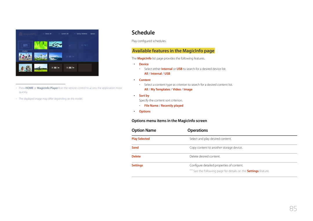 Samsung LH48RMDPLGU/EN manual Schedule, Available features in the MagicInfo, Options menu items in the MagicInfo screen 