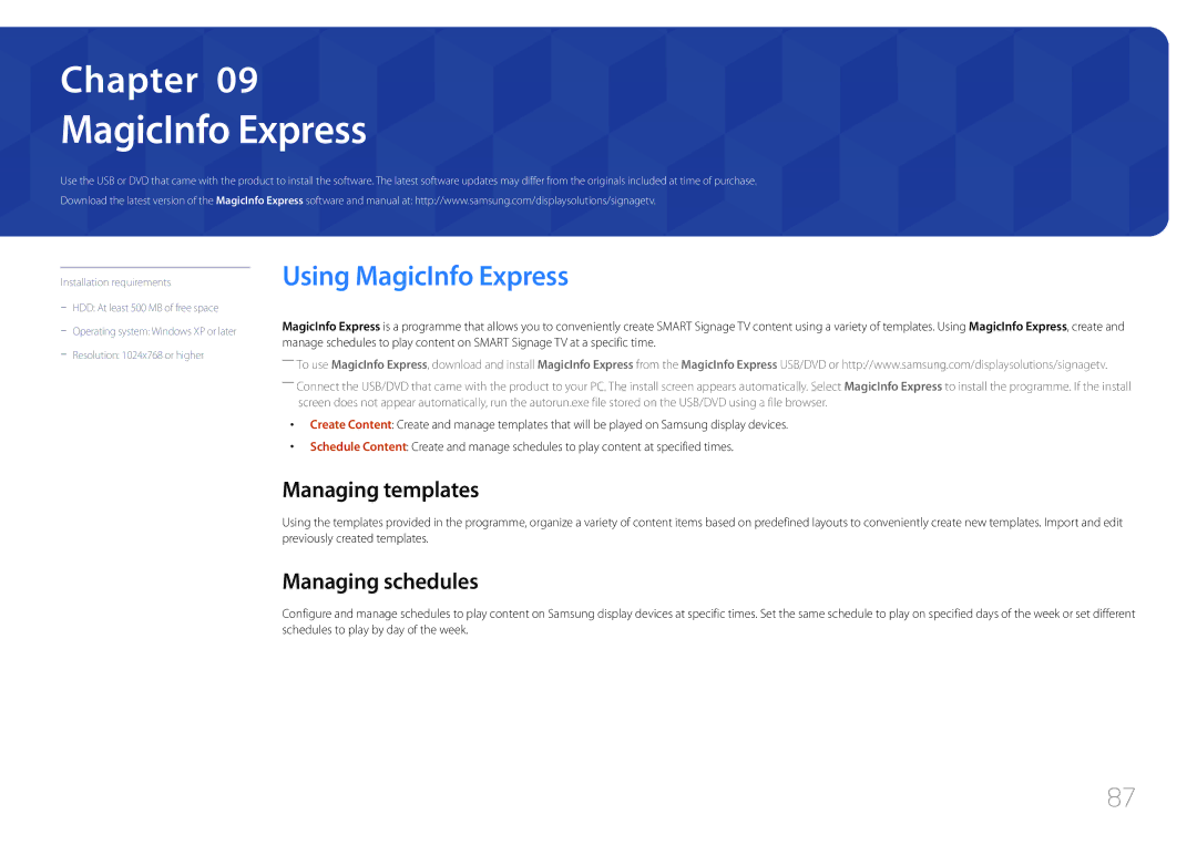 Samsung LH40RMDELGW/EN, LH40RMDPLGU/EN, LH48RMDPLGU/EN Using MagicInfo Express, Managing templates, Managing schedules 