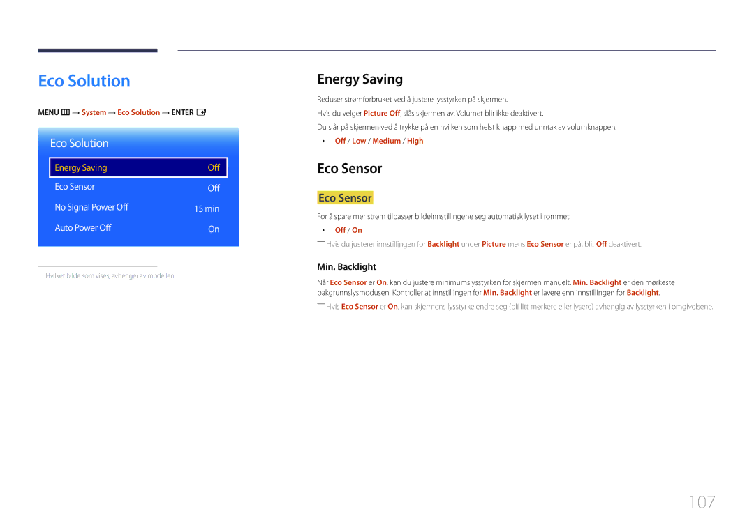 Samsung LH40RMDELGW/EN, LH40RMDPLGU/EN, LH48RMDPLGU/EN, LH48RMDELGW/EN manual Eco Solution, 107, Energy Saving, Eco Sensor 