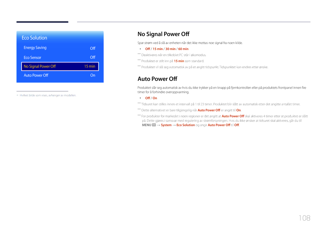 Samsung LH40RMDPLGU/EN, LH48RMDPLGU/EN manual 108, No Signal Power Off, Auto Power Off, Off / 15 min / 30 min / 60 min 