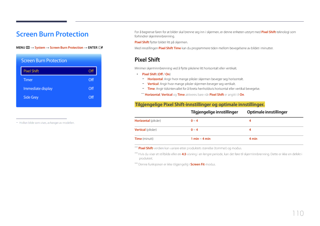 Samsung LH48RMDELGW/EN, LH40RMDPLGU/EN, LH48RMDPLGU/EN Screen Burn Protection, 110, Pixel Shift, Optimale innstillinger 