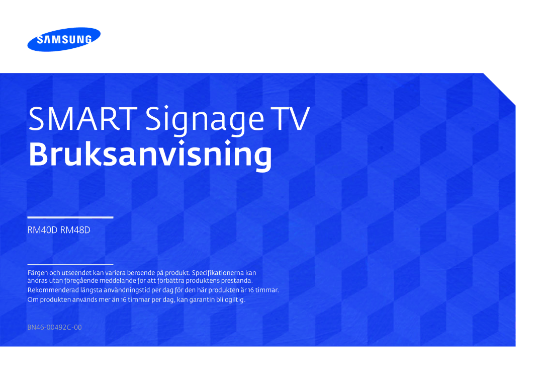 Samsung LH48RMDPLGU/EN, LH40RMDPLGU/EN, LH48RMDELGW/EN, LH40RMDELGW/EN manual Smart Signage TV Bruksanvisning 