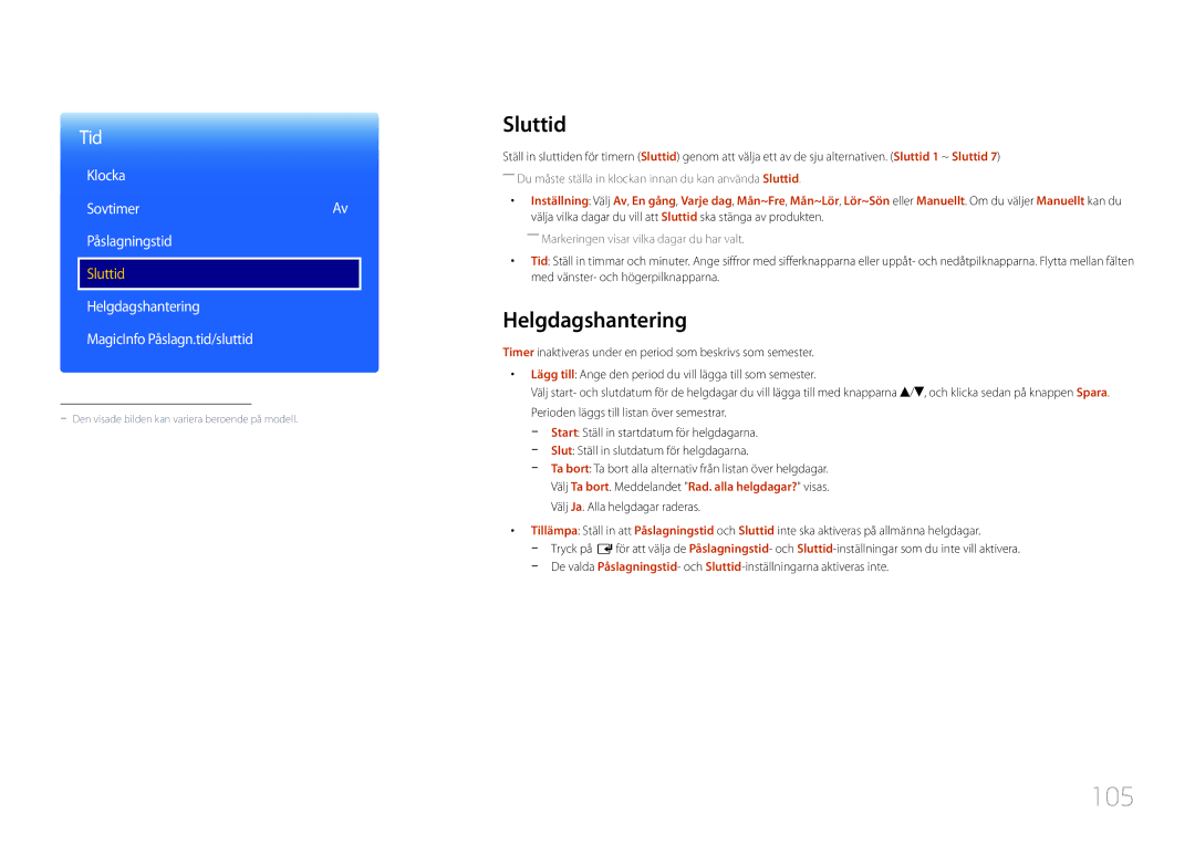 Samsung LH48RMDPLGU/EN, LH40RMDPLGU/EN, LH48RMDELGW/EN, LH40RMDELGW/EN manual 105, Sluttid, Helgdagshantering 