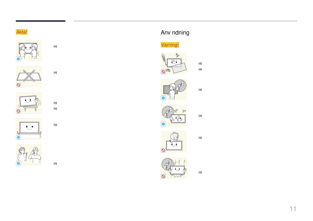 Samsung LH40RMDELGW/EN, LH40RMDPLGU/EN, LH48RMDPLGU/EN manual Användning, En skadad sladd kan orsaka brand eller stötar 