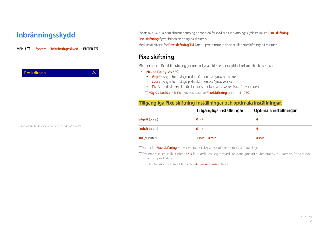 Samsung LH48RMDELGW/EN, LH40RMDPLGU/EN, LH48RMDPLGU/EN manual Inbränningsskydd, 110, Pixelskiftning, Optimala inställningar 