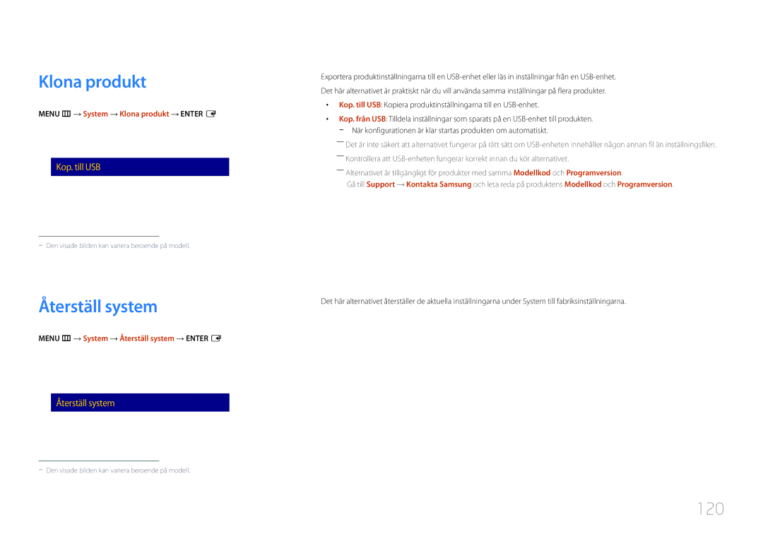 Samsung LH40RMDPLGU/EN, LH48RMDPLGU/EN, LH48RMDELGW/EN, LH40RMDELGW/EN manual Klona produkt, Återställ system, 120 