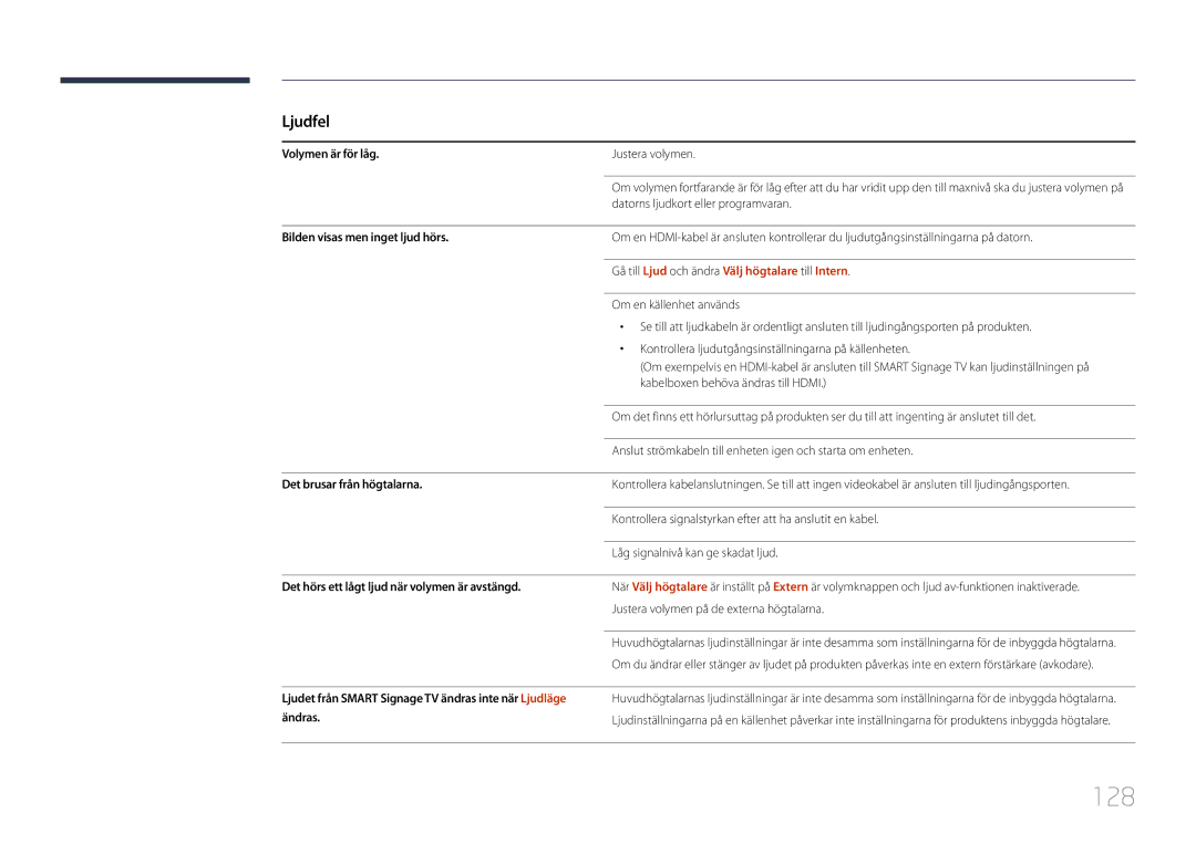 Samsung LH40RMDPLGU/EN, LH48RMDPLGU/EN, LH48RMDELGW/EN manual 128, Gå till Ljud och ändra Välj högtalare till Intern 