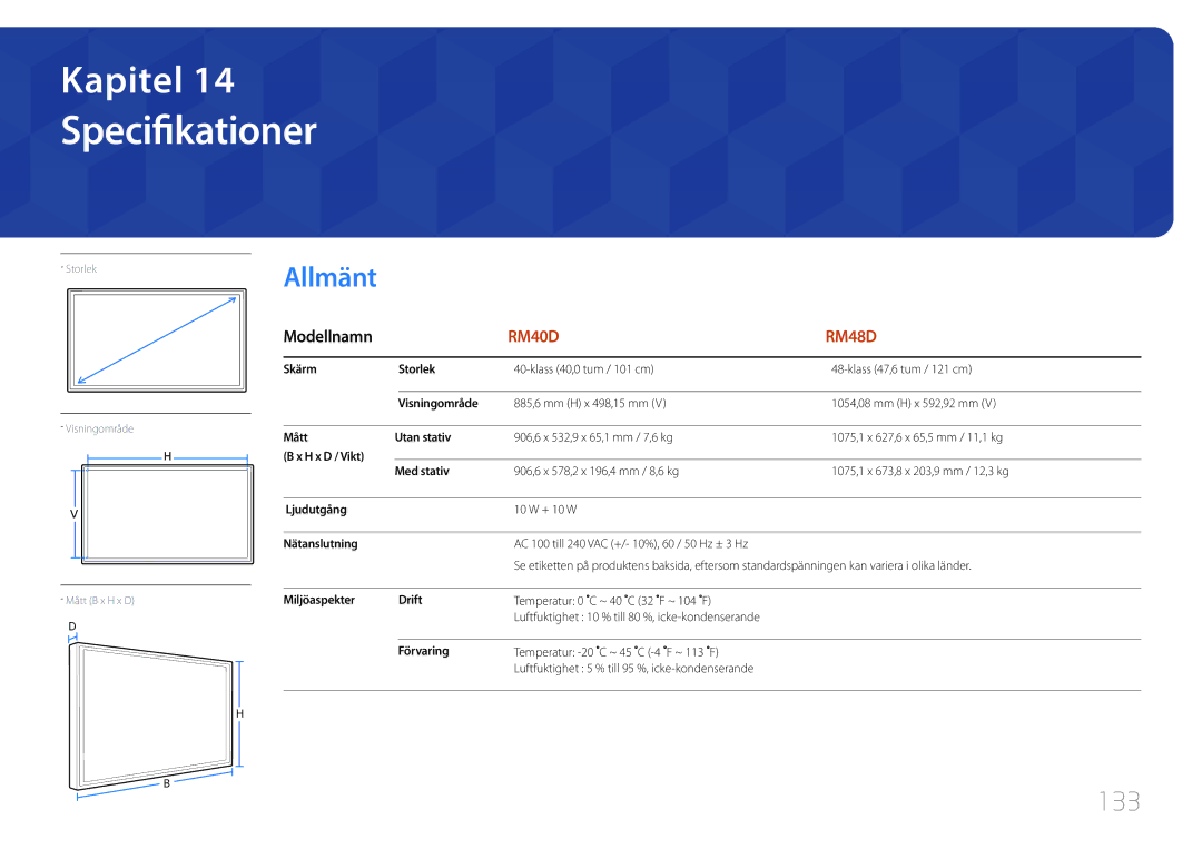 Samsung LH48RMDPLGU/EN, LH40RMDPLGU/EN, LH48RMDELGW/EN, LH40RMDELGW/EN manual Specifikationer, 133 