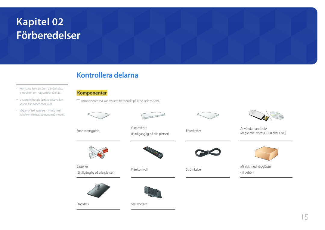 Samsung LH40RMDELGW/EN, LH40RMDPLGU/EN, LH48RMDPLGU/EN, LH48RMDELGW/EN manual Förberedelser, Kontrollera delarna, Komponenter 