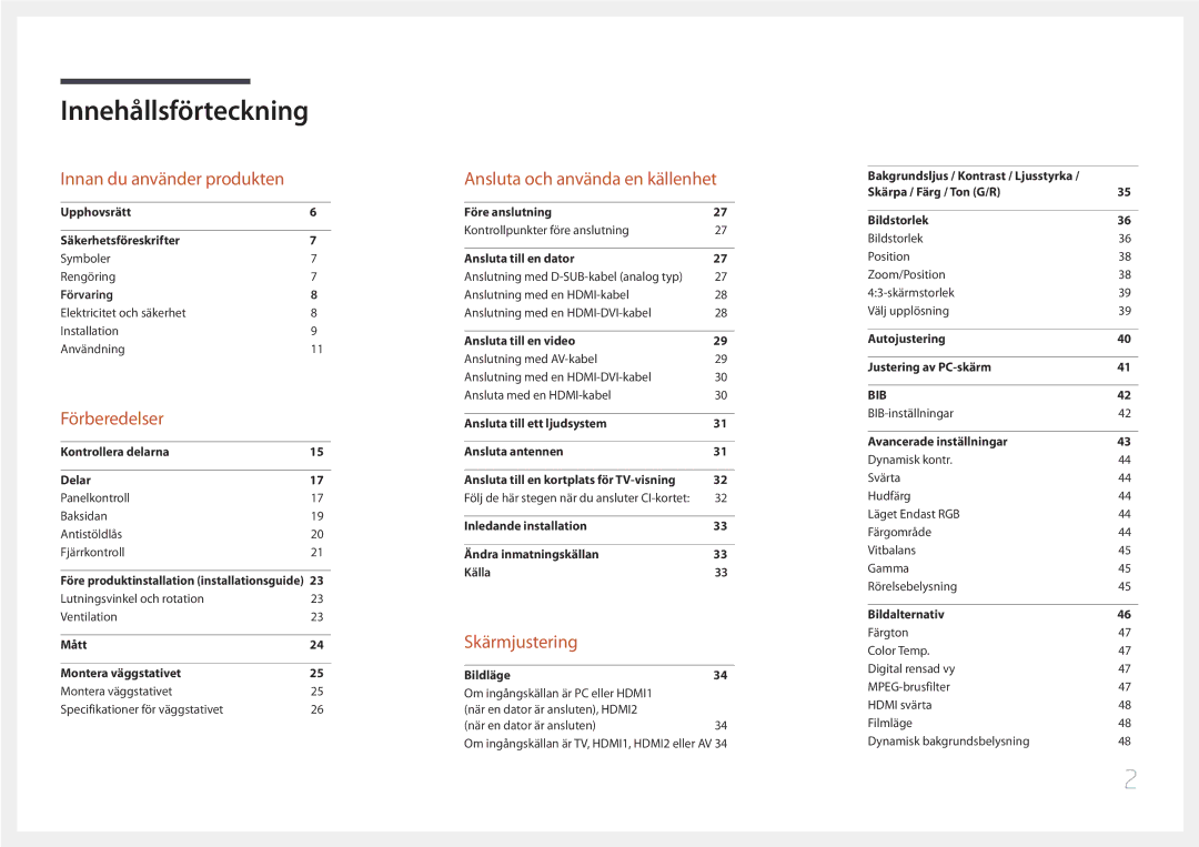 Samsung LH48RMDELGW/EN, LH40RMDPLGU/EN, LH48RMDPLGU/EN, LH40RMDELGW/EN manual Innehållsförteckning 