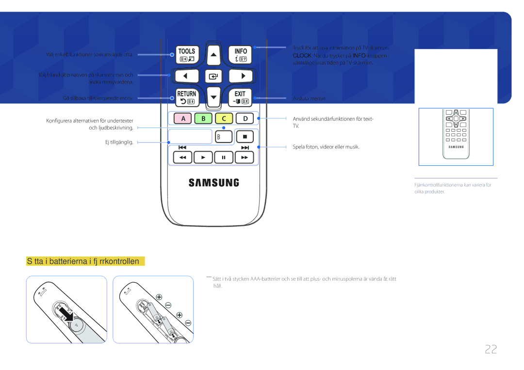 Samsung LH48RMDELGW/EN Sätta i batterierna i fjärrkontrollen, Välj enkelt funktioner som används ofta, Ej tillgänglig 