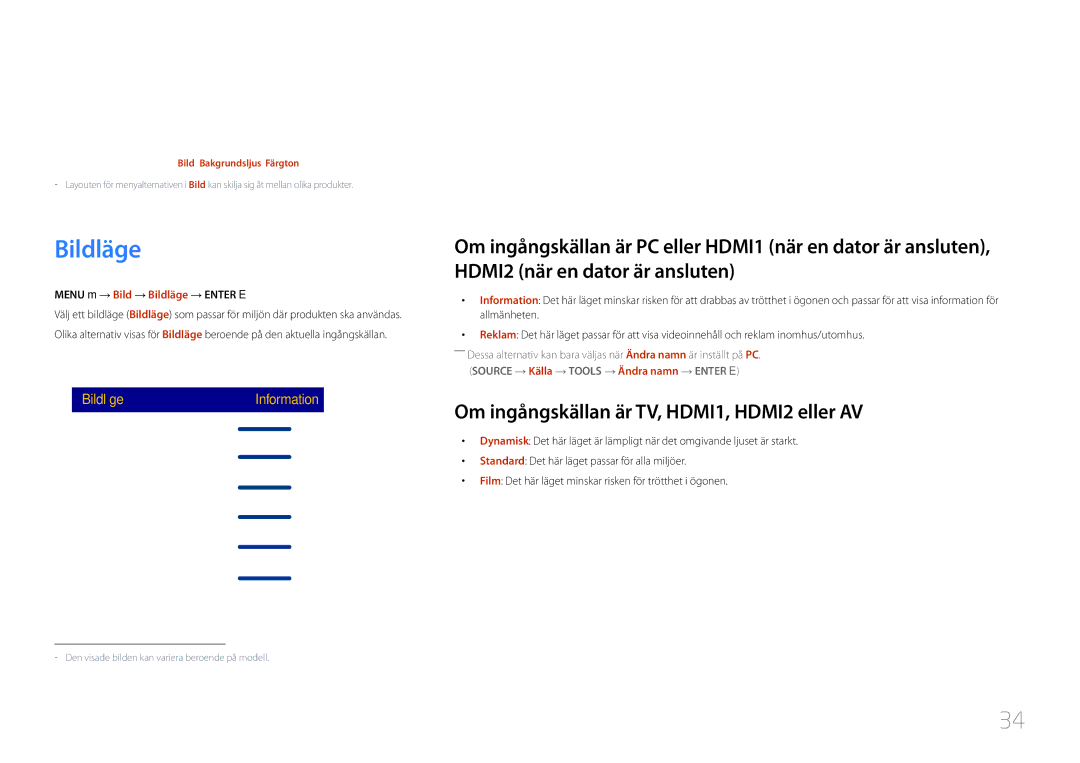 Samsung LH48RMDELGW/EN, LH40RMDPLGU/EN manual Skärmjustering, Bildläge, Om ingångskällan är TV, HDMI1, HDMI2 eller AV 