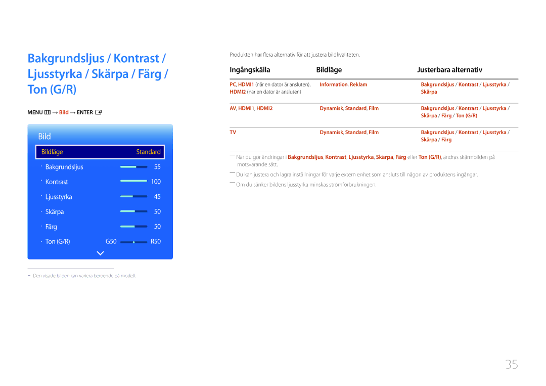 Samsung LH40RMDELGW/EN manual Bakgrundsljus / Kontrast Ljusstyrka / Skärpa / Färg Ton G/R, Menu m → Bild → Enter E 