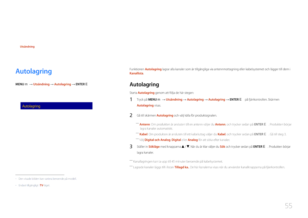 Samsung LH40RMDELGW/EN, LH40RMDPLGU/EN, LH48RMDPLGU/EN, LH48RMDELGW/EN manual Utsändning, Autolagring 