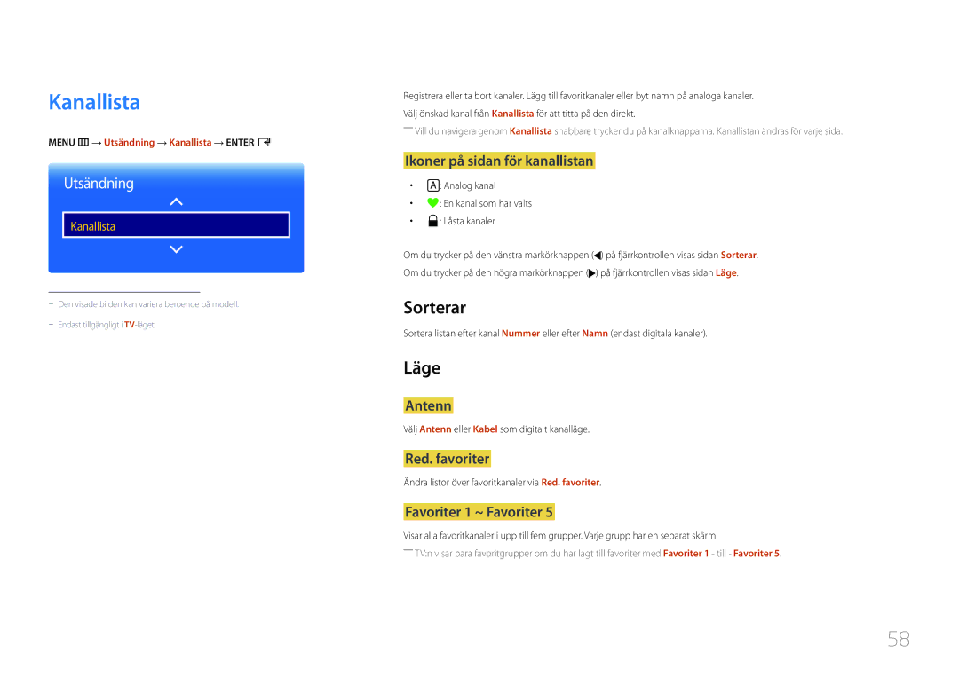 Samsung LH48RMDELGW/EN, LH40RMDPLGU/EN, LH48RMDPLGU/EN, LH40RMDELGW/EN manual Kanallista, Sorterar, Läge 