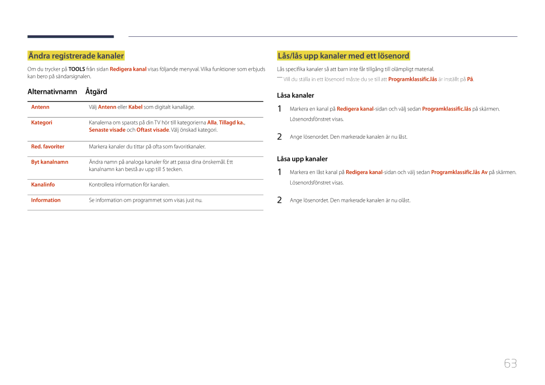 Samsung LH40RMDELGW/EN manual Ändra registrerade kanaler, Lås/lås upp kanaler med ett lösenord, Alternativnamn Åtgärd 