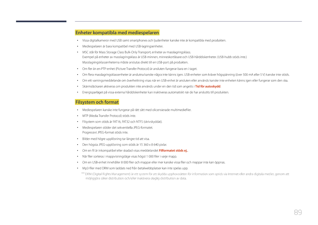 Samsung LH48RMDPLGU/EN, LH40RMDPLGU/EN, LH48RMDELGW/EN manual Enheter kompatibla med mediespelaren, Filsystem och format 