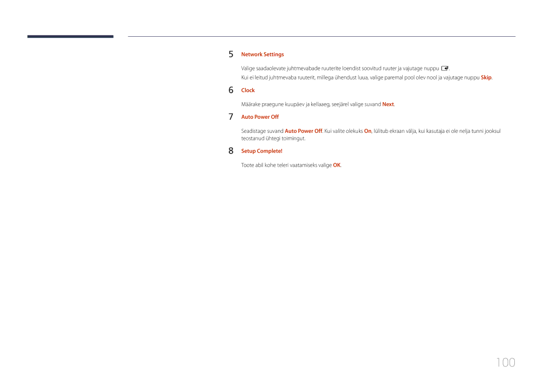 Samsung LH48RMDPLGU/EN, LH40RMDPLGU/EN, LH48RMDELGW/EN manual 100, Network Settings, Clock, Auto Power Off, Setup Complete 