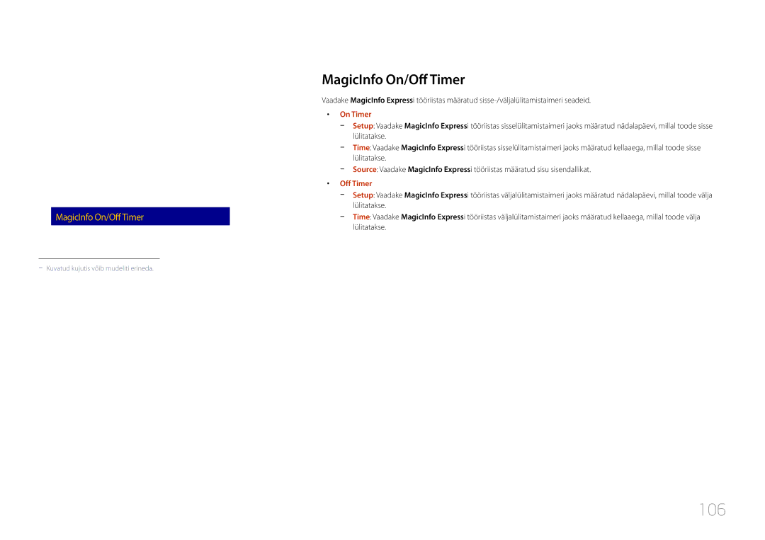 Samsung LH48RMDPLGU/EN, LH40RMDPLGU/EN, LH48RMDELGW/EN manual 106, MagicInfo On/Off Timer, On Timer 