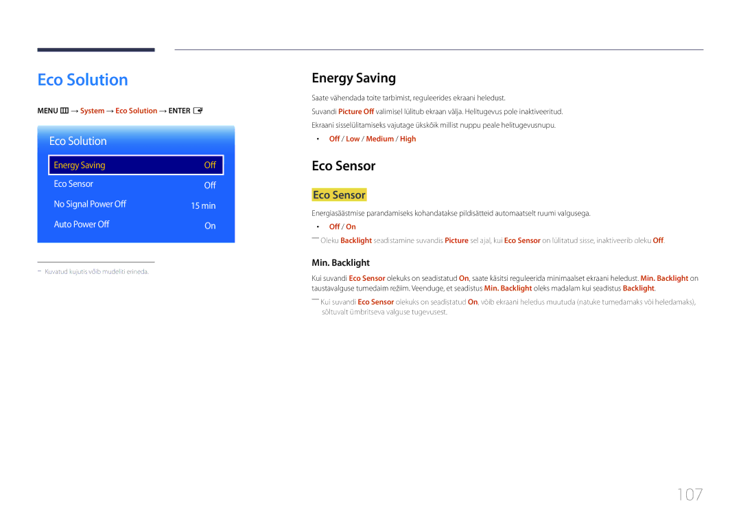 Samsung LH48RMDELGW/EN, LH40RMDPLGU/EN, LH48RMDPLGU/EN manual Eco Solution, 107, Energy Saving, Eco Sensor 